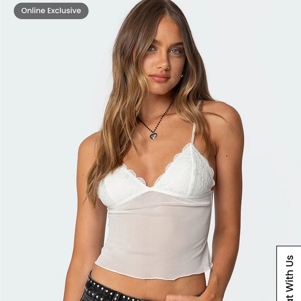 NWT! EDIKTED Malika Lacey Sheer Mesh Tank Top White - Small